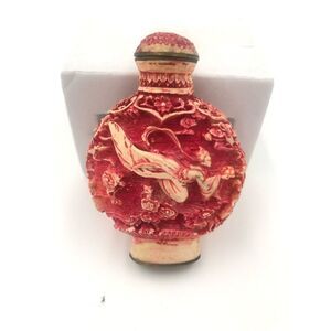 Vintage 60s CHINESE RED CINNABAR Carved Resin Minature Snuff Bottle Perfume